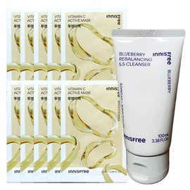 (10 sheets) Innisfree Active Mask Vita C (Clear Whitening) + Blueberry Rebalancing 5.5 Cleanser 100ml / (10매)이니스프리 액티브 마스크 비타C (투명미백)+블루베리 리밸런싱 5.5 클렌저 100ml