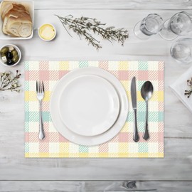Niviy Buffalo Plaid Blue Pink Yellow Spring Easter Placemats Set of 4, 12x18 Inch Table Mats Easter Decor for Holiday Party Kitchen Dining Room Decoration