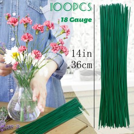 100 Pcs 14 Inch 2mm Floral Stems Wire,Dark Green Crafting Flower Plastic Wrap Stem for Artificial Flowers Arrangements,DIY Crafts Bouquets Flower Making Supplies Climbing Plants Support Thick 18 Gauge