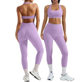 OMKAGI 2 Piece Workout Sets for Women Halter Sports Bras Gym Sets Booty Leggings Outfits (M,447-Purple)