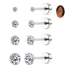 ZELORES 4 Pairs Titanium Stud Earrings FlatBack Ball Dot CZ Cartilage Earrings Set Stainless Steel Small Flat back Stud Earrings for Women Men 2mm 3mm 4mm 5mm 20G (Round CZ A)