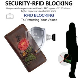 SHARPAD Wallet Genuine Leather for Women - with RFID Blocking Card checkbook ID Slot Large Capacity Vintage style, chrysanthemum coffee, Vintage