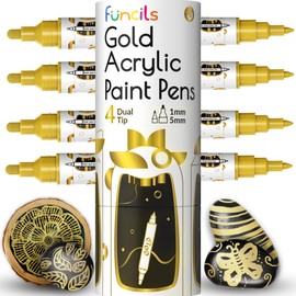 4 Dual Tip Gold Paint Pen Metallic - Fine Tip & Medium Acrylic Paint Markers - Gold Paint Marker for Metal, Wood, Rock Painting, Canvas, Ceramic, Glass, Fabric, Leaf and Plastic - Water-based Ink