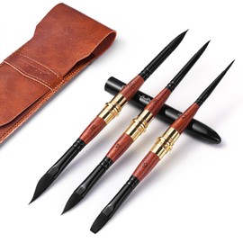 Fuumuui 3PCS Double-Ended Travel Sable Watercolour Paint Brushes with Pocket Size Leather Pouch Perfect for Watercolor Gouache Ink Painting