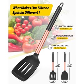 Pack of 2 Silicone Solid Turner, Non Stick Slotted Kitchen Spatulas, High Heat Resistant BPA Free Cooking Utensils, Ideal Cookware for Fish, Eggs, Pancakes(Rose Gold Black)