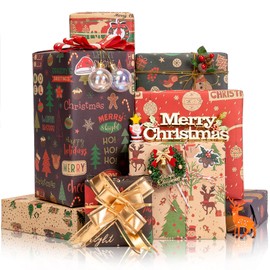 Larcenciel Christmas Wrapping Paper, 8 Sheets Brown Kraft Wrapping Paper with Bow & Sticker, Lovely Gift Wrapping Paper Red/Green, Recycled Xmas Gift Wrap for Christmas, Birthday, Anniversary, 70x50cm