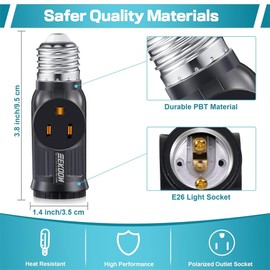 Feekoon 2 Pcs 3 Prong Light Socket Adapter, E26 Light Bulb Outlet Adapter, Polarized Light Socket to Plug Adapter, Light Bulb to 2/3 Prong Outlet Plug Splitter Converter for Garage Porch (Black)