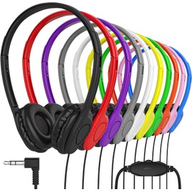 Maeline Bulk Classroom Student Headphones with Volume Control, On Ear Stereo Headphones with Faux Leather Cushions for Kids Online Learning, Library, School, Airplane, Travel - 3.5mm Plug - 30 Pack