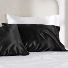 Bedsure Satin Pillowcase for Hair and Skin Queen - Black Silky Pillowcase 2 Pack 20x30 Inches with Envelope Closure, Similar to Silk Pillow Cases, Gifts for Women Men