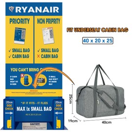 for Ryanair Cabin Bag 40X20X25 Underseat Foldable Travel Duffel Bag Holdall Tote Carry on Luggage Overnight for Women and Men 20L (Grey)