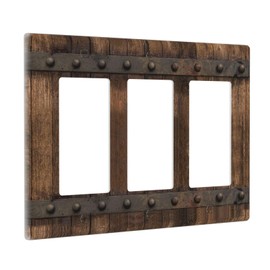 biondbong Rustic Brown Wood Barn Door Farmhouse Light Switch Cover Plate Triple Rocker 3 Gang Wall Plate Country Vintage Decorative Electrical Switchplate for Home Decor Accessories 6.57" X 4.65"