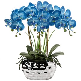 Briful Orchids Artificial Flowers 18" Blue Phalaenopsis Large Orchid with Silver Ceramic Pots Fake Orchid Flower for Home Office Bathroom Living Room Table Decoration
