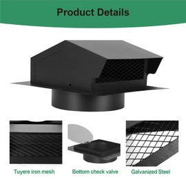 LTSEAME 6 inch Roof Vent Cap, Removable Roof Vent, Bathroom Exhaust Roof Vent for Dryer, Galvanized Steel with Damper for Ventilation System, Black
