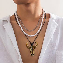 WCRAZYE 2 Pcs Western Cowboy Necklace for Men Women Bohemian Ox Head Shape Cow Animal Pendant Necklaces Vintage Bull Head Ethnic Necklace (Brown Ox Head B)