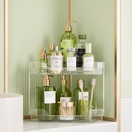 TidyStash 2-Tier Corner Bathroom Counter Organizer, Diamond-Shaped Corner Makeup Organizer Countertop, Easy to Install, Suitable for Bathroom, Dresser, Storage for Cosmetics, Skincare, Perfume, Clear