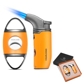 CIGARLOONG Cigar Cutter and Lighter Set Yellow Double Blade Classic Cigar Guillotine and Refillable 3 in 1 Lighter