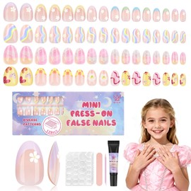 Qiek 16 tamaños, 128 piezas de uñas postizas para niños, paquete de 4, kit de uñas para niños, puntas de uñas postizas almendradas con flores coloridas para niñas de 8 a 12 años con uñas de gela