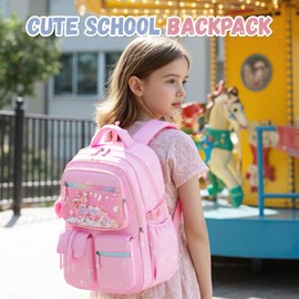 mygreen Cute Girls Backpack with Fluffy Ball Pendant- Large Capacity Water-Resistant School Bag for Ages 6-15 | Heavy-Duty Oxford Fabric | Gift-Ready for Primary to High School Blue