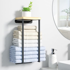 Towel Racks for Bathroom, 1 Tier Wall Towel Holder with Wood Shelf, Metal Wall Mounted Towel Rack Bathroom Organizers and Storage, Black