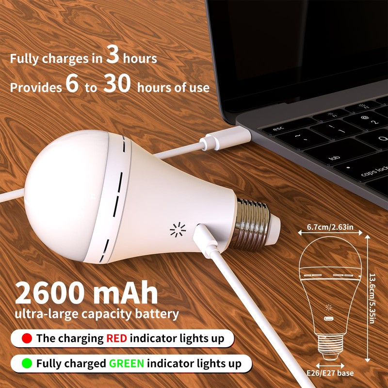 E26 Rechargeable Light Bulbs with Remote Control, 2600mAh Battery Operated