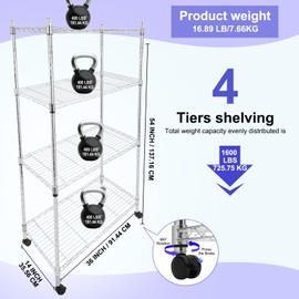 Whitmor 4 Tier Storage Shelves, Heavy Duty with Wheels, Adjustable Steel Organizer Wire Rack, 400 lbs Capacity per Shelf, Max 1600 lbs Total for Garage, Kitchen, Plant, 36" L x 14" W x 54" H, Chrome