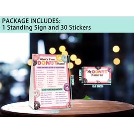 What's Your Donut Name Game - Sweet Donut Birthday Party Games for Girls - Family School Classroom Activity - 1 Standing Sign and 30 Stickers - Kids Doughnut Party Supplies Decorations(08)