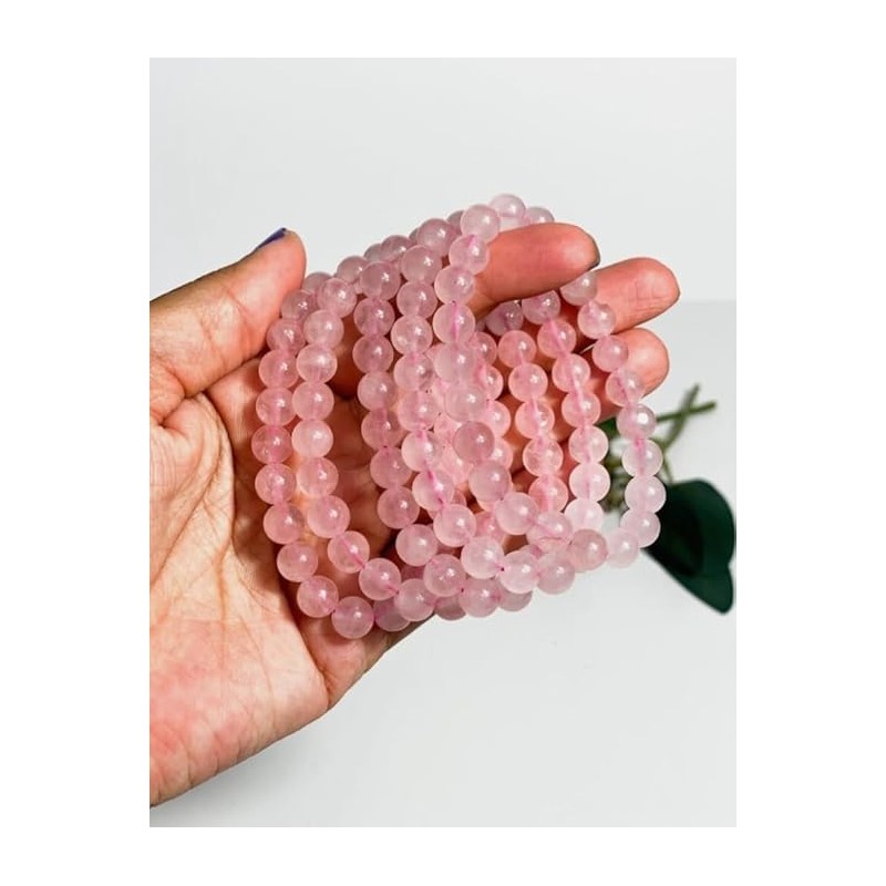 Natural Rose Quartz Healing Crystal Bracelet, 8mm Beads, Triple Protection,