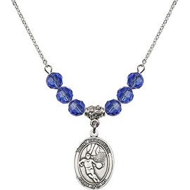 Bonyak Jewelry 18 Inch Rhodium Plated Necklace w/ 6mm Blue September Birth Month Stone Beads and Saint Sebastian/Basketball