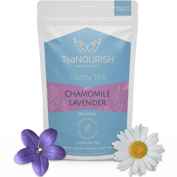 TeaNOURISH Chamomile Lavender Green Tea | Loose Leaf Tea | Calming & Relaxing Chamomile Sleep Tea | Bedtime Tea | 100% NATURAL INGREDIENTS | Brew Hot or Iced Tea - 3.53oz/100g