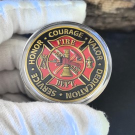Firefighter Honor and Bravery Challenge Coin - Bold Red and Gold Tribute Medallion