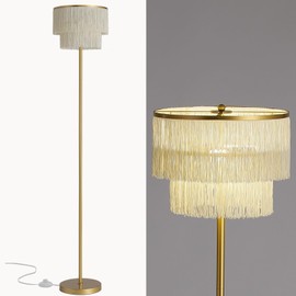 YEPOLI 2 Light Gold Boho Floor Lamp with 2-Tier Tassels/Fringe Lampshade,66" Tall Mid Century Standing Bedroom Lamp,Soft Lighting Nursery Floor Lamp for Bedroom Livingroom