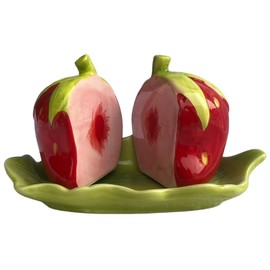 Ceramic Fruit Salt and Pepper Shakers, Set of 2 | Spice Dispenser Storage Canisters - Strawberry