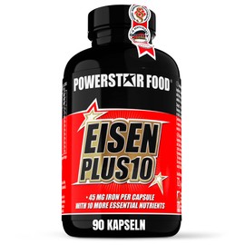 POWERSTAR FOOD Powerstar EISEN PLUS 10 | 90 Eisen-Kapseln mit Jod, natrlichem Vitamin C & Vitamin B Komplex | Vegan & hochdosiert mit 45 mg Eisen pro Kapsel | Deutsche Herstellung | Nahrungserg?nzungsmittel