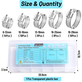 Hose Clamp Kit, Selizo 50Pcs Stainless Steel Worm Hose Clamps, Adjustable Metal Band Clamp for Water Pipe, Intercooler, Automotive Plumbing, Heater Hose, Marine Application and Fuel Line