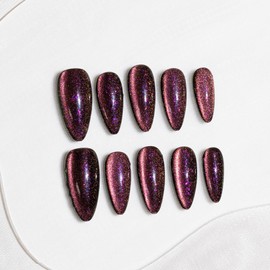 Handmade Press-on Medium Long Almond Black Pink Purple Magnet Solid Color Minimalist Design Fashion False Nail Tips 10 Pcs Set (#258 XS)