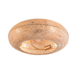 TFCFL 20" Caged Ceiling Fans with Lights and Controller, Boho Bamboo Rattan Wicker Low Profile Enclosed Bladeless Ceiling Fan, Semi Flush Mount Chandelier Fan for Bedroom Farmhouse (Beige)