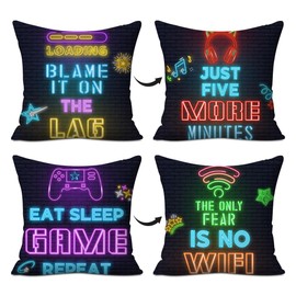 Gamer Decorative Throw Pillow Covers, Set of 2, Neon Gaming Decorations Cushion Case for Couch, Gaming Decor for Boys Teens Nursery Playroom, 18x18 Inch Pillowcase