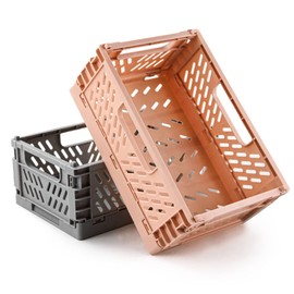 Spesh Pack of 2 Foldable Storage Baskets, Plastic Storage Boxes for Kitchen, Bedroom, Study (Pink+Grey, 22 x 15 x 9 cm)