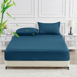 LINENOVA Bamboo Single Fitted Sheet 1 Piece Only- 2000TC Ultra Soft & Breathable - Ideal for Hot Sleepers - 16" Deep Pocket, Elastic Easy Fit - All-Season Comfort (Single, Biscay Blue)