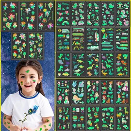 Custelen 300 Pieces Glow-in-the-Dark Temporary Tattoos for Kids - 30 Sheets of Waterproof Luminous Cartoon Stickers - Unicorn, Dinosaur, Mermaid, Flower Fairy, Transportation, and Animal Designs