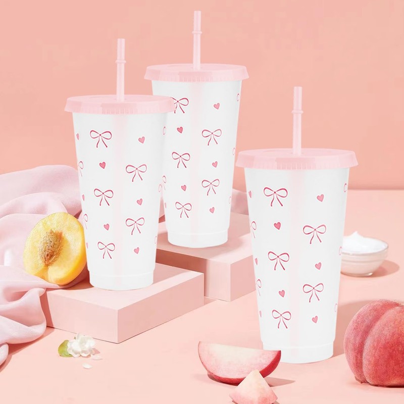 ARPOVIST 12Pcs 24 oz Pink Bow Plastic Cups with Straw