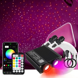 AKEPO 32W Dual-Head Different Color Music Activated Fiber Optic Lights, 900pcs of 0.03in End Glow Optical Fibers in 9.8ft+Remote/APP Control RGBW Fiber Optic Star Ceiling Light Kit Car Headliner Star