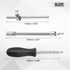 sourcing map 1/4" Drive Spinner Handle Chrome Vanadium Steel Drive Socket Set with 1/4" Drive Sliding T-Handle Breaker Bar and 1/4" Drive Spring Flexible Socket Extension Bar 3-Pieces Set