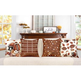 4TH Emotion Fall Pillow Covers 18 x 18 Inch Set of 4, Football Touch Down Farmhouse Decorations Autumn Leaves Thanksgiving Holiday Decor Throw Cushion Case for Home Couch S24F23