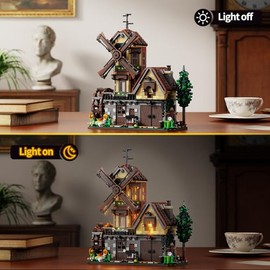 Wood Cabin Building Set with Light, Mechanical Farm House Building Block Toys with Rotating Windmill Waterwheel Castle Architecture Model Set 1436 Pcs for Adults Teens Kids Boys Girls 10-12+