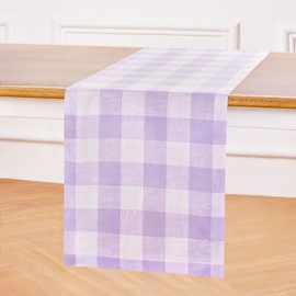 Solino Home Buffalo Check Linen Table Runner 48 Inch - 100% Pure Linen Misty Lavender Plaid Table Runner 14 x 48 Inch Ideal for Dresser and Coffee Tables - Spring, Easter