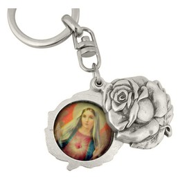 Religious Gifts Silver Tone Immaculate with Sacred Heart Mary and Jesus Sliding Rosebud Medal Key Chain, 1 3/4 Inch