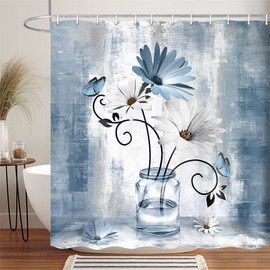 Rustic Farmhouse Floral Shower Curtain, Country Farm Blue Daisy Flowers Butterfly Abstract Shower Curtain Set, Navy Blue Shower Curtains Farmhouse Bathroom Accessories with 12PCS Hooks,70X70IN