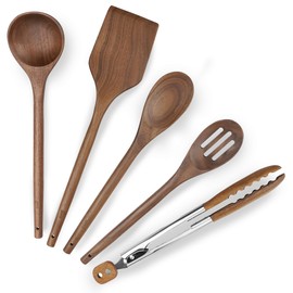 Elegant 5-Piece Walnut Wood Kitchen Utensil Set – Non-Scratch, Heat-Resistant Cooking Utensil Set with Kitchen Tongs, Spoons, Spatula & Ladle – Lightweight, Durable & Perfect for Daily Use or Gifting