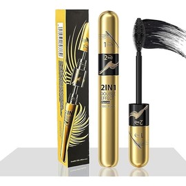 2 in 1 Double Black 4D tubing Mascara Volume and Length， Silk Fiber Lash Liquid Extension 5X Longer, Smudge Proof Waterproof and Sweat Resistant Fuller Mascara (1pcs)
